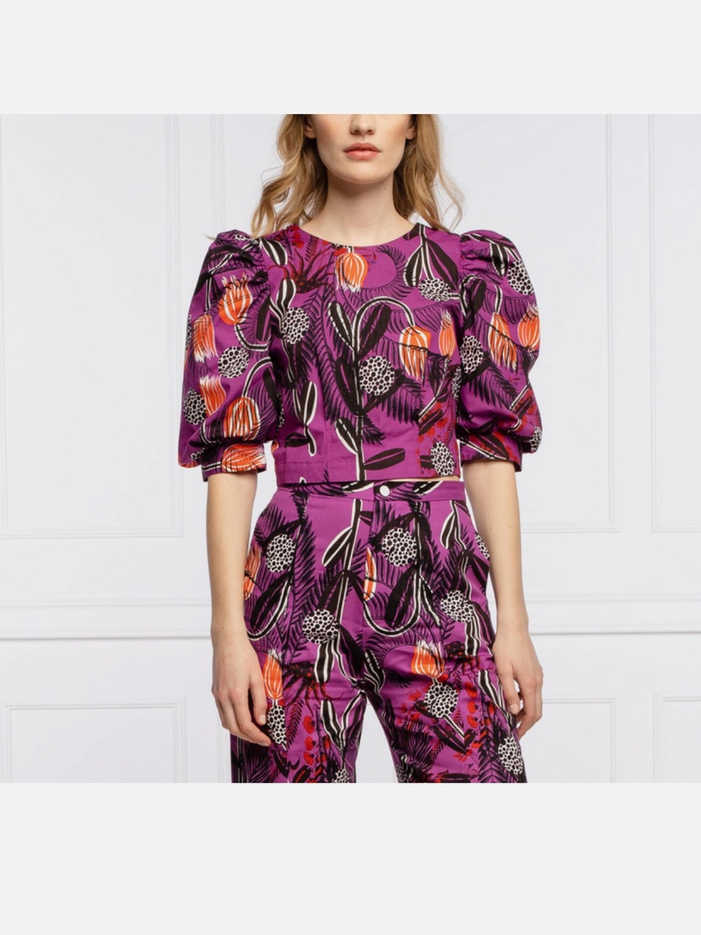 DESINGUAL Floral Print CROPPED TOP WITH PUFF SLEEVES SIZE S